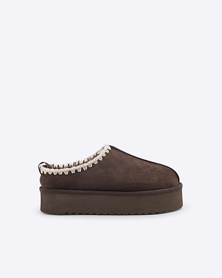 Brown suedette faux fur platform mules