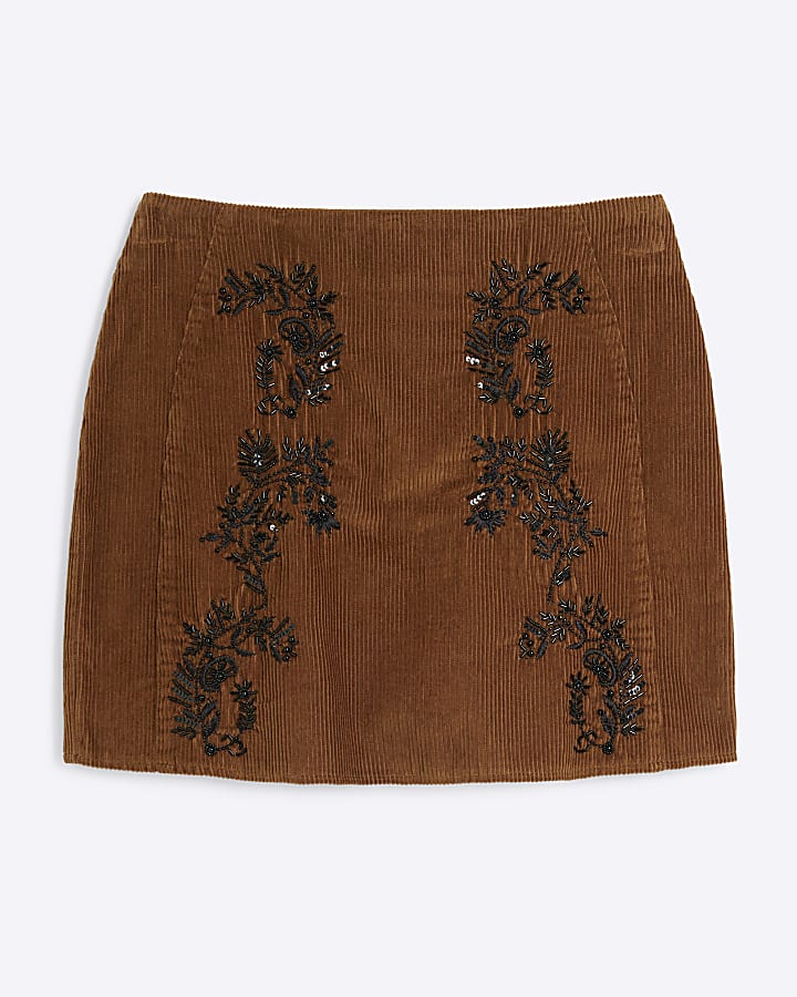 Brown Embellished Corduroy Mini Skirt