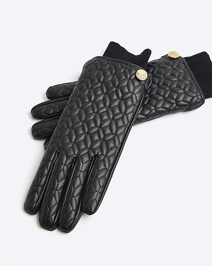 Black Faux Leather Quilted Cuff Gloves