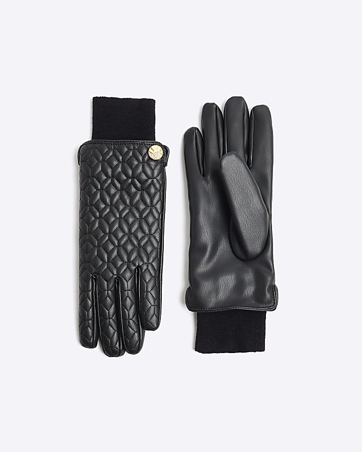 Black Faux Leather Quilted Cuff Gloves