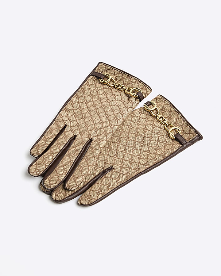 Beige Jacquard Monogram Faux Leather Gloves