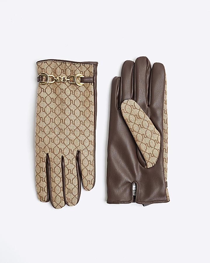 Beige Jacquard Monogram Faux Leather Gloves