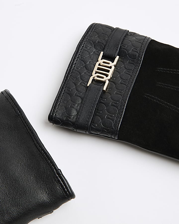 Black Leather Snaffle Trim Gloves