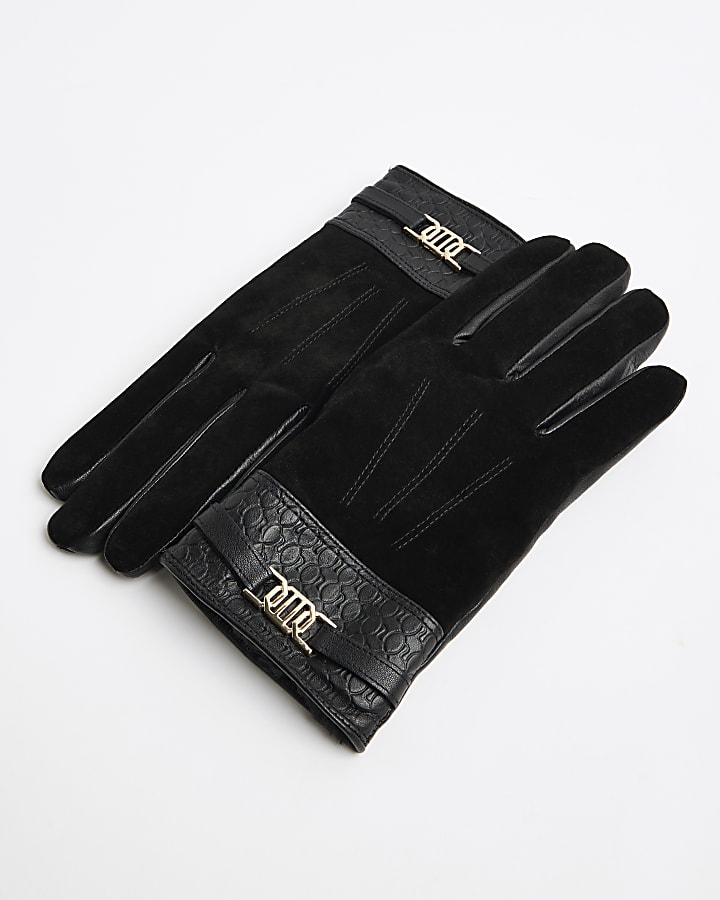 Black Leather Snaffle Trim Gloves