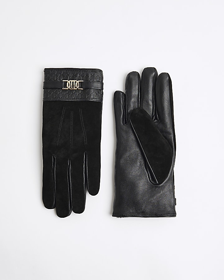 Black Leather Snaffle Trim Gloves