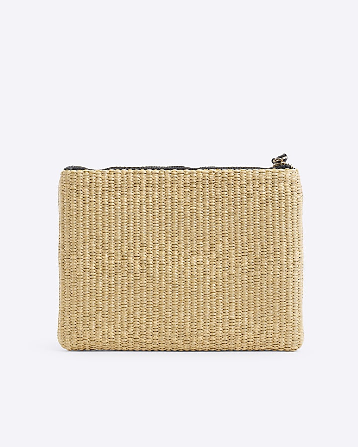 Beige Raffia Embroidered Logo Pouchette