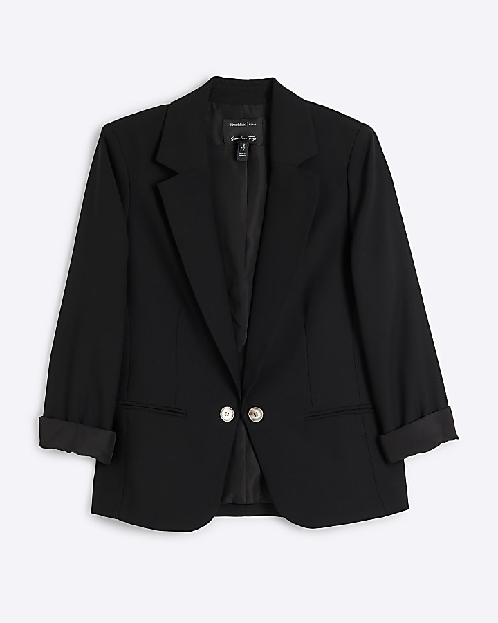 Petite black crepe rolled sleeve blazer