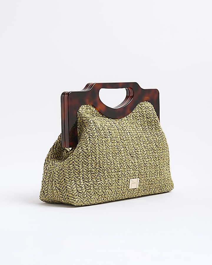 Green raffia top handle clutch bag