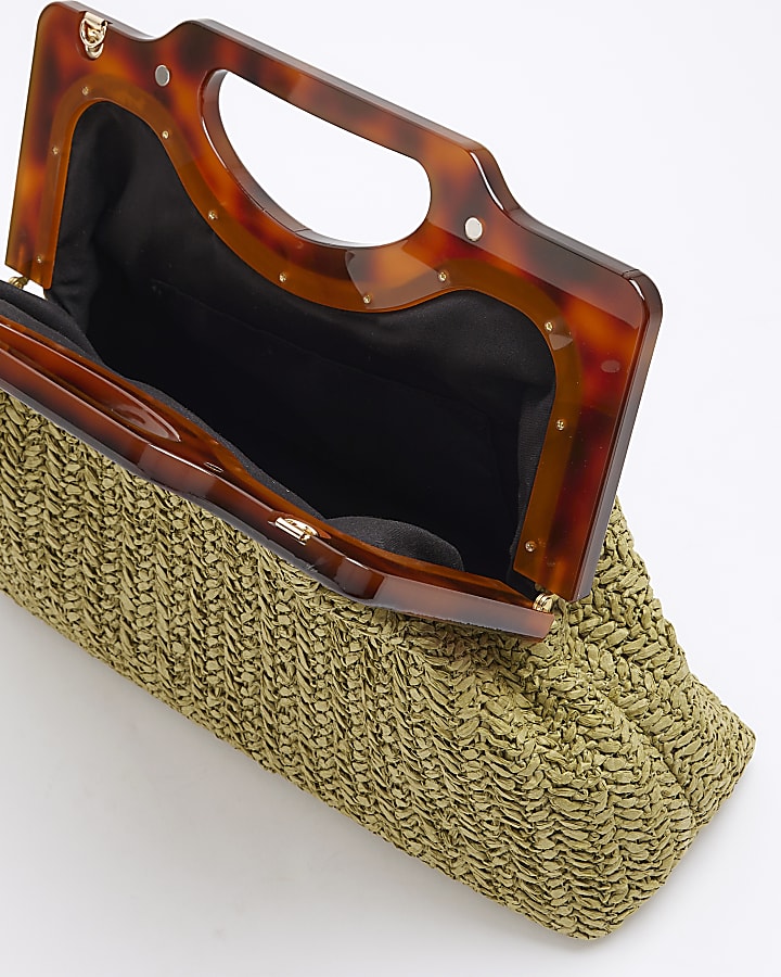 Green raffia top handle clutch bag