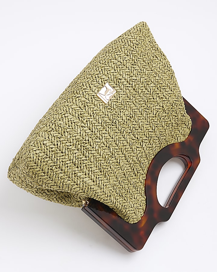 Green raffia top handle clutch bag