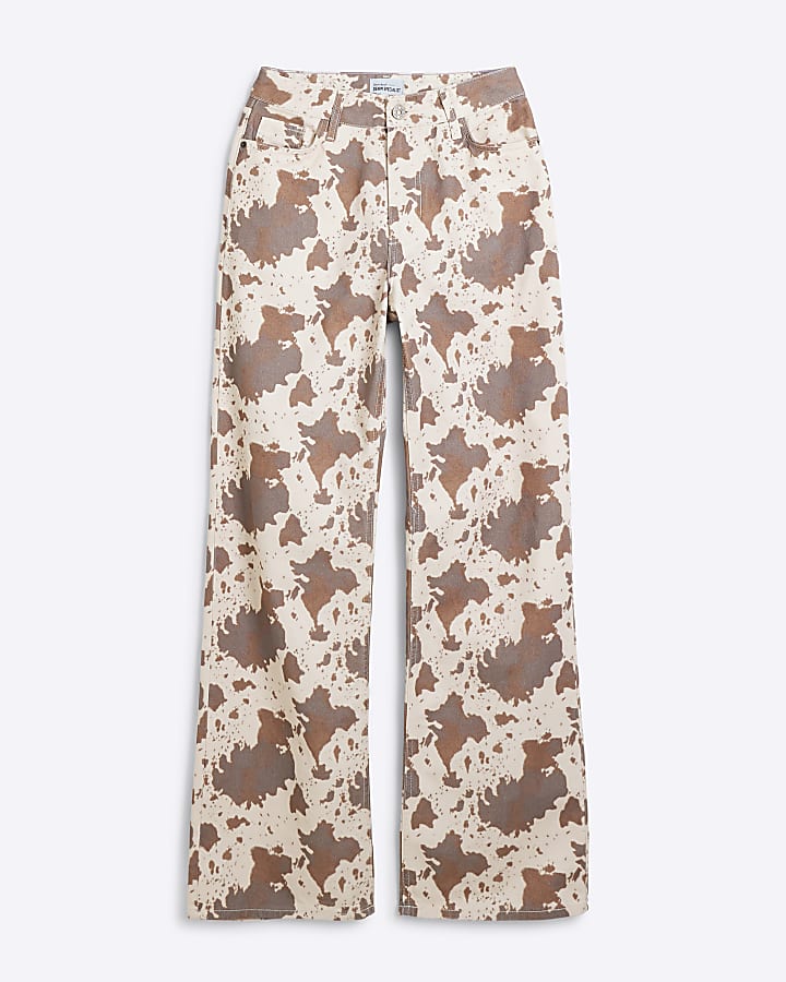 Brown Cow Print Relaxed Straight Jeans