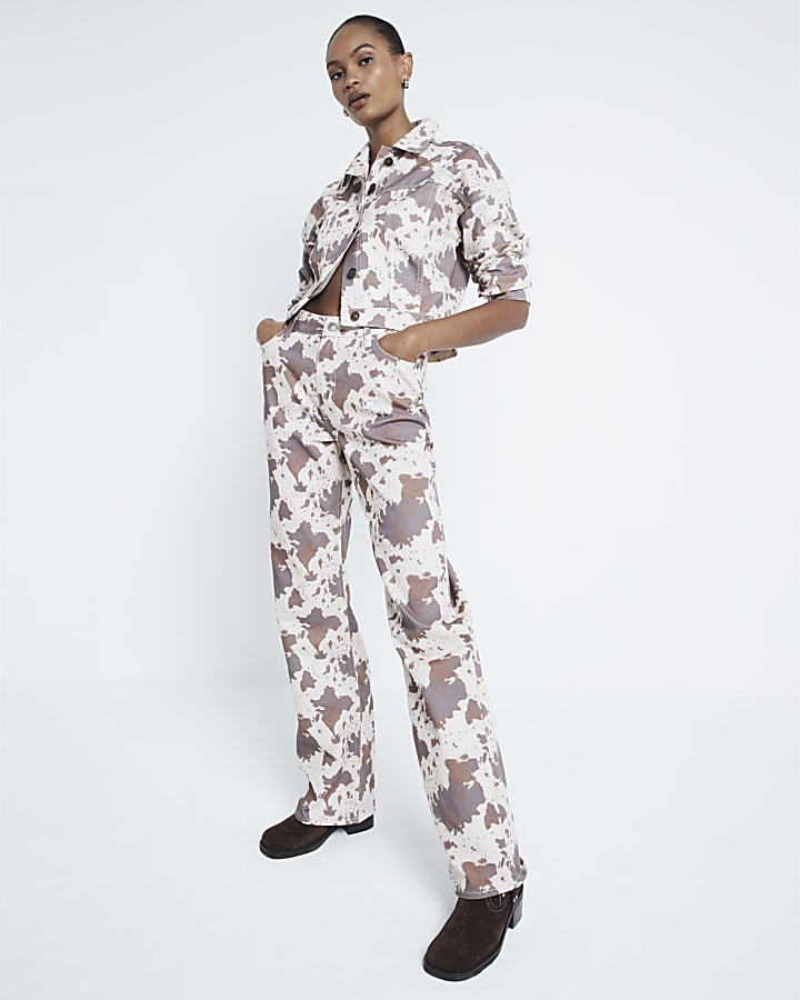 Brown Cow Print Relaxed Straight Jeans