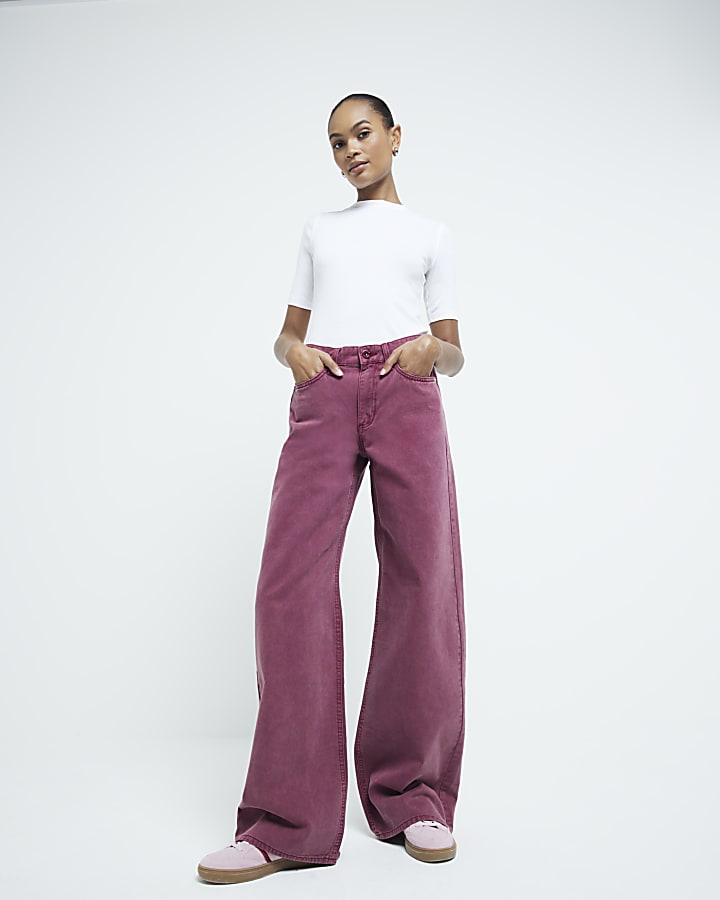 Red Mid Rise Soft Wide Leg Jeans