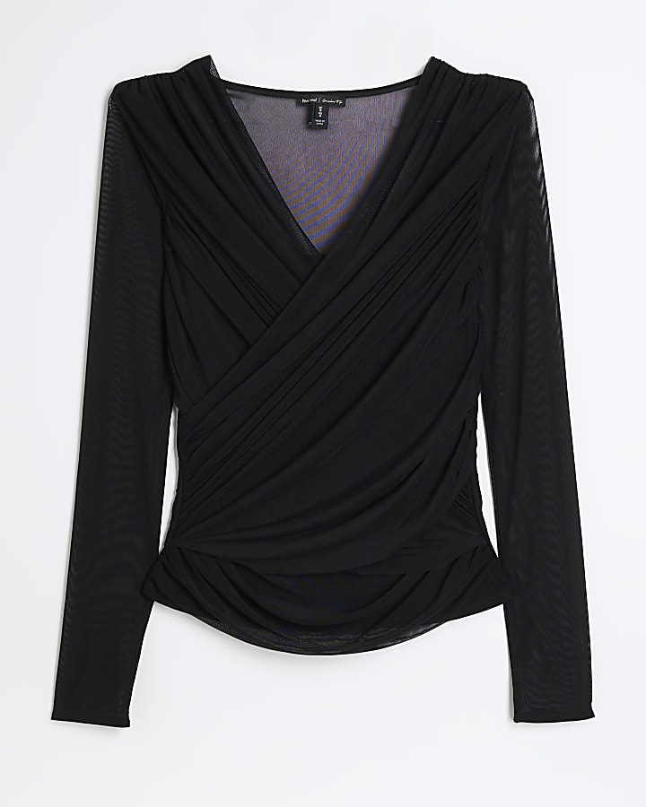 Black mesh wrap long sleeve top