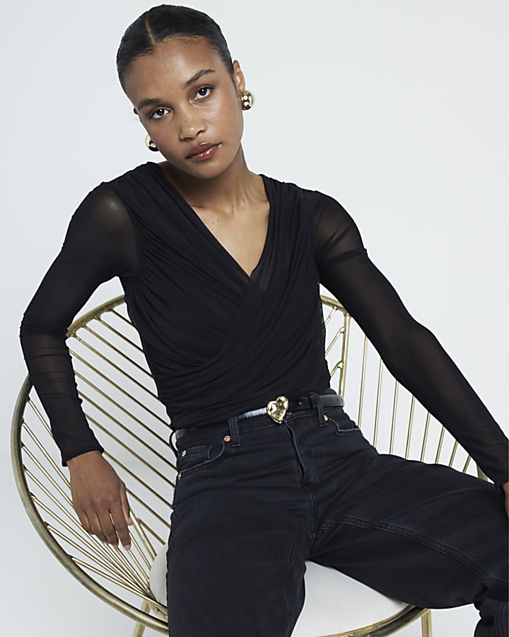 Black mesh wrap long sleeve top