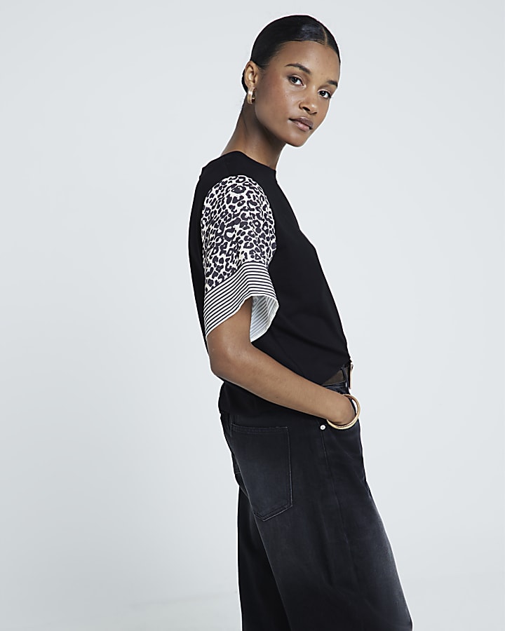 Black leopard print sleeve t-shirt