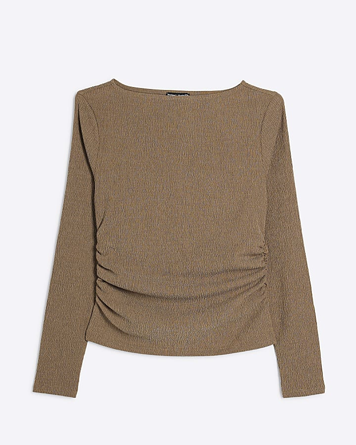 Brown textured ruched long sleeve top