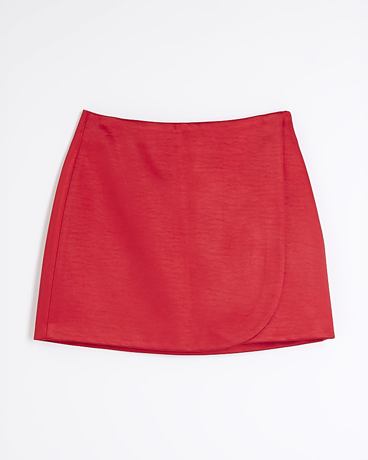 Red Wrap Satin Mini Skirt