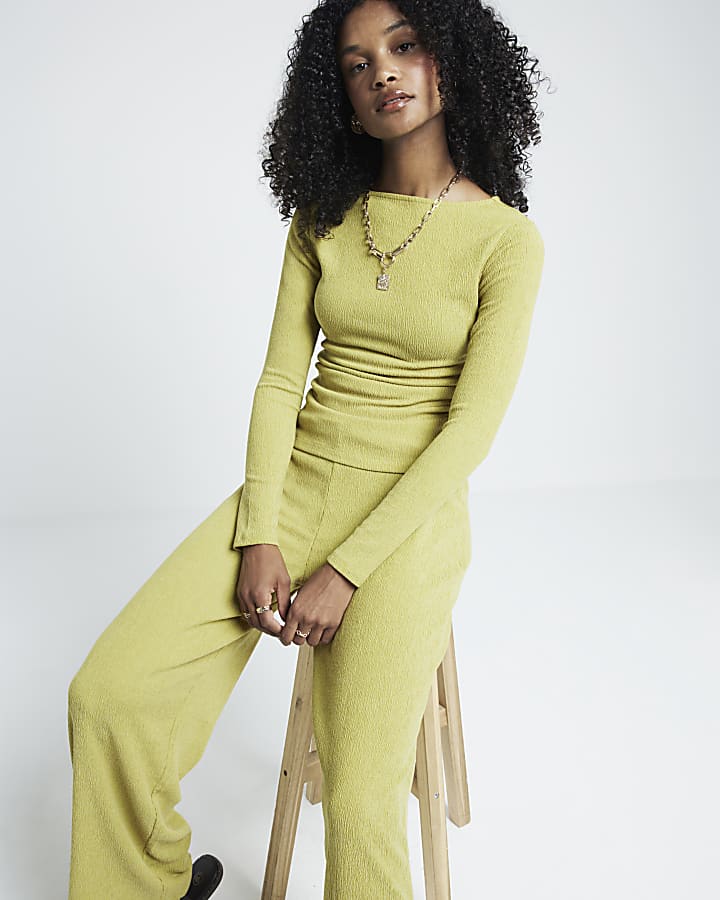 Green textured wide leg trousers