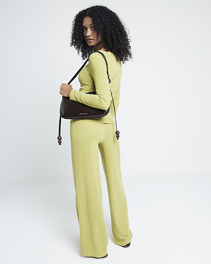 Green textured wide leg trousers