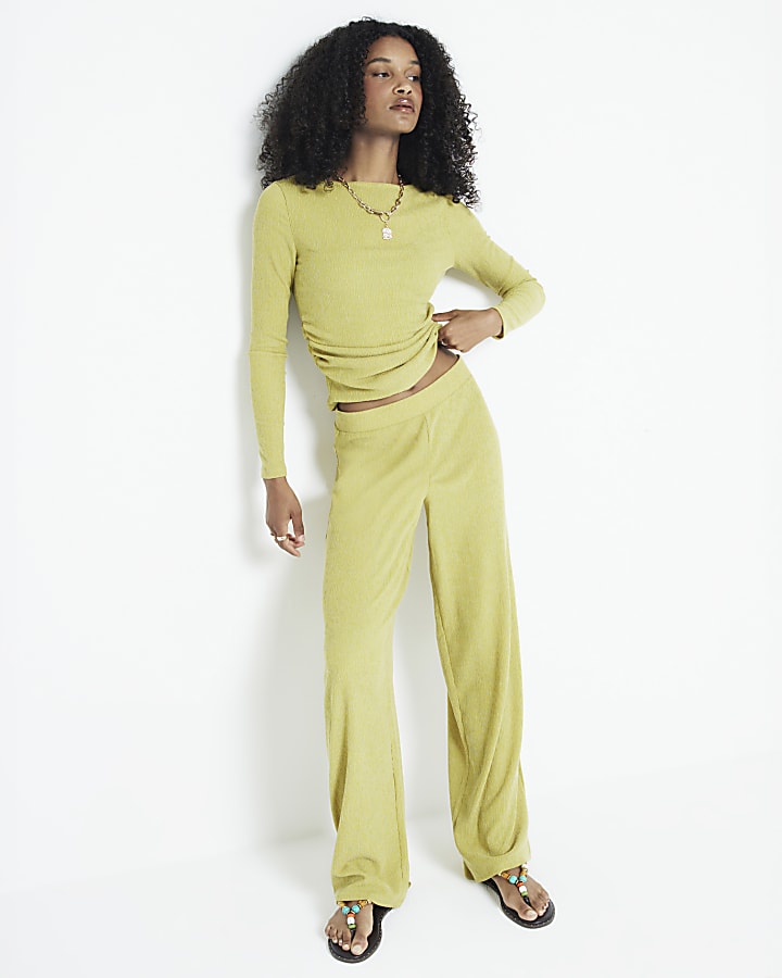 Green textured wide leg trousers