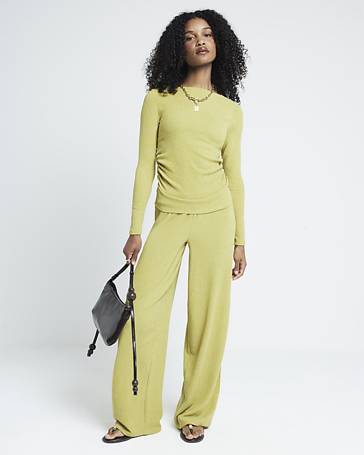 Green textured wide leg trousers