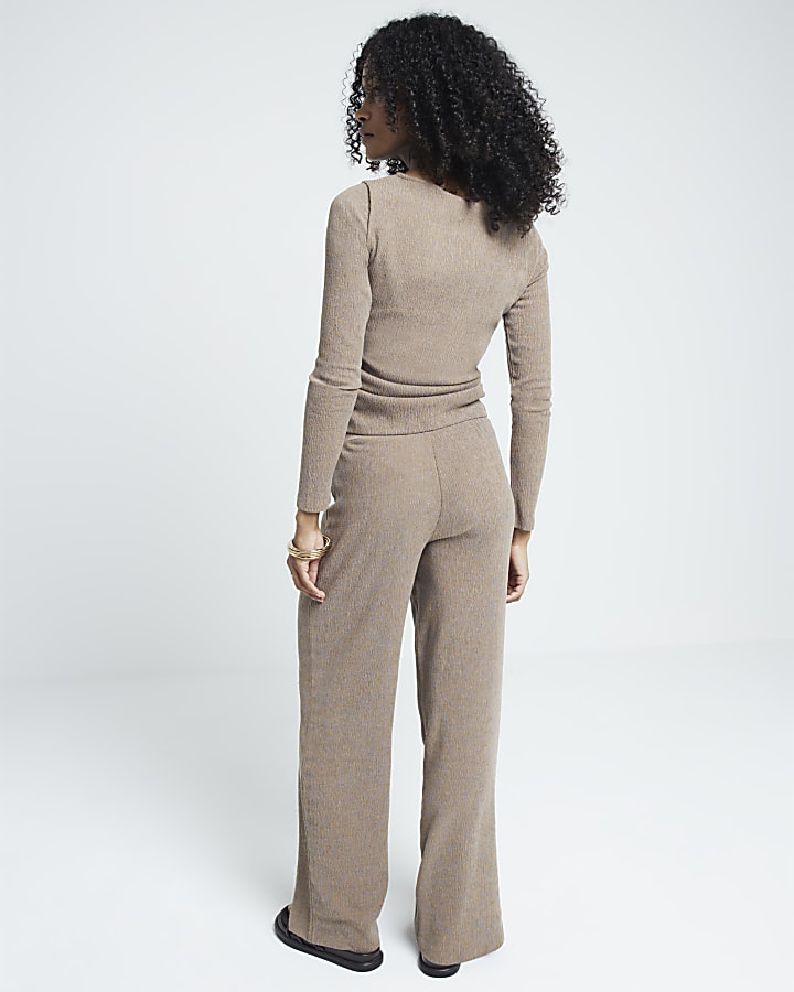 Brown textured wide leg trousers