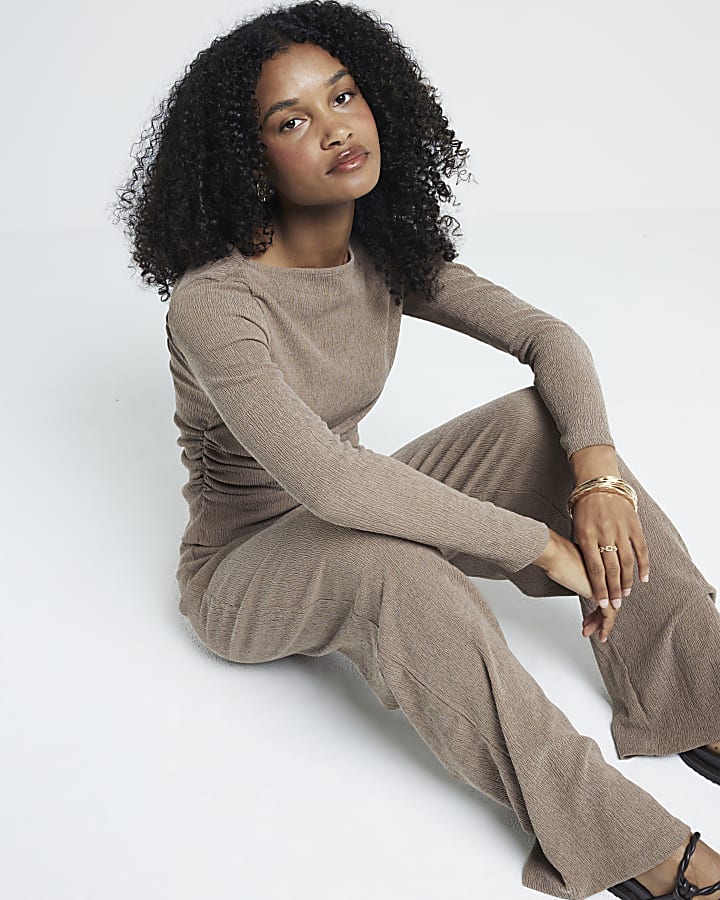 Brown textured wide leg trousers