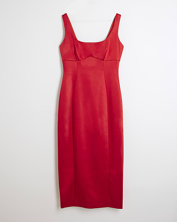 Red Satin Tailored Midi Dress