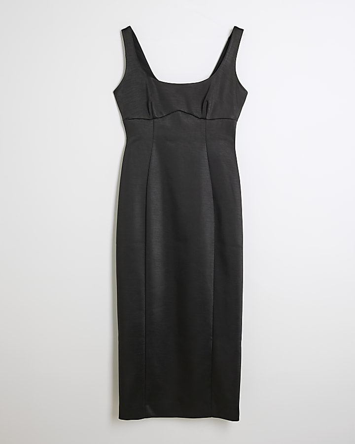 Black Satin Tailored Midi Dress