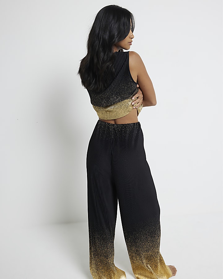 Petite black plisse ombre wide leg trousers