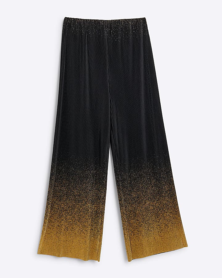 Petite black plisse ombre wide leg trousers