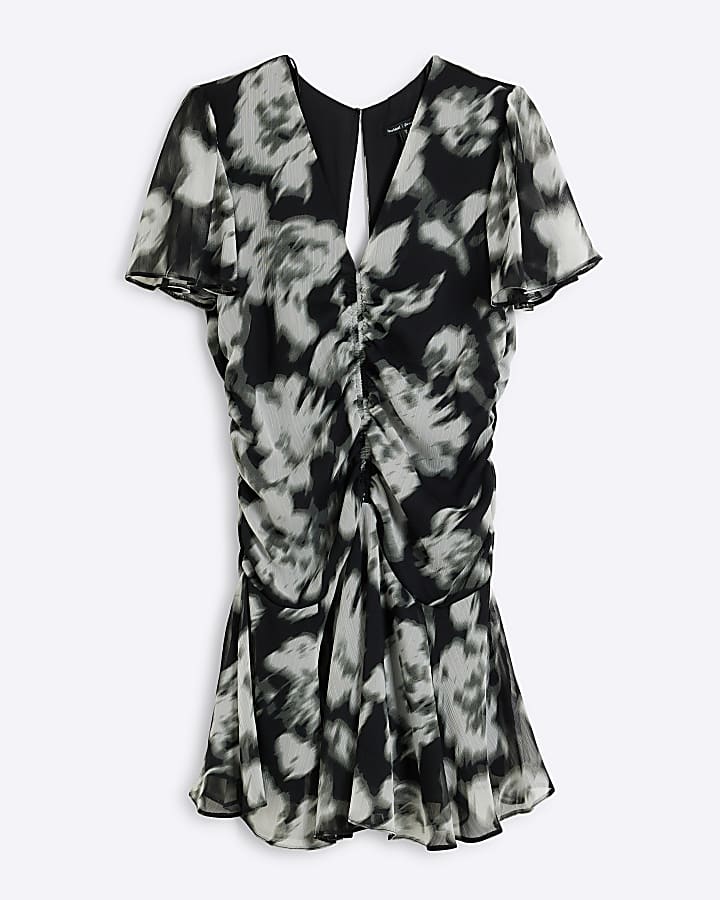 Black floral Ruched Chiffon mini Dress