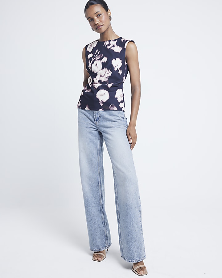 Black blur floral shoulder pad top