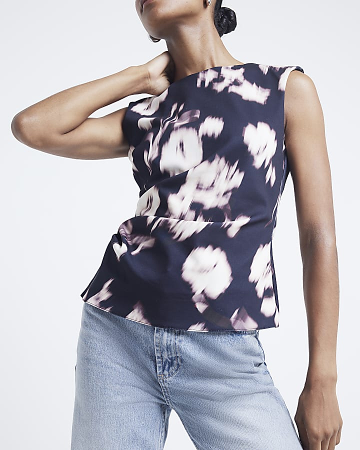 Black blur floral shoulder pad top