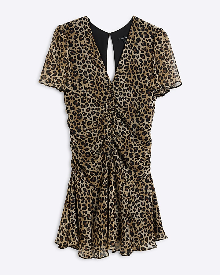 Brown leopard Ruched Chiffon mini Dress