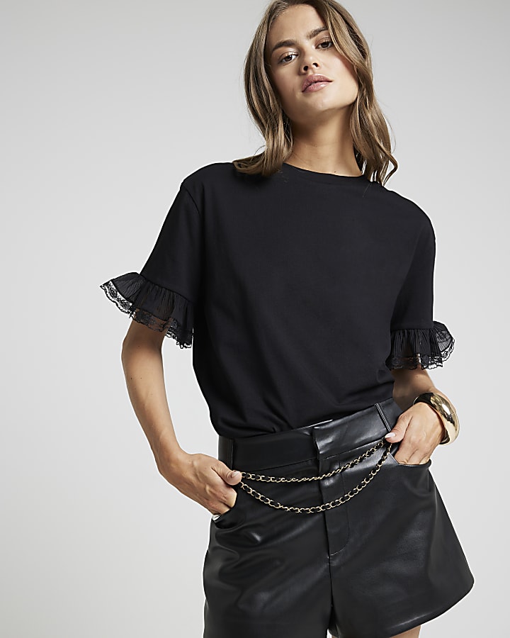 Black Lace Trim T shirt River Island