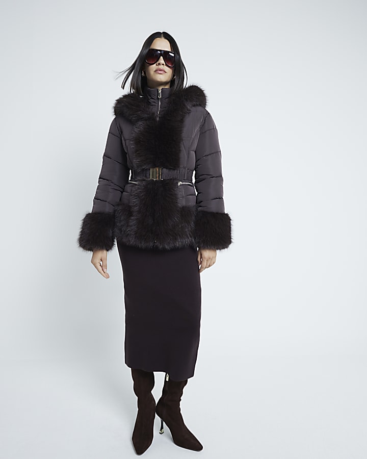 Brown Faux Fur Trim Padded Jacket