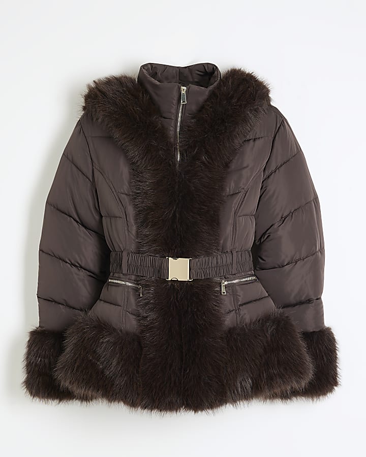Brown Faux Fur Trim Padded Jacket