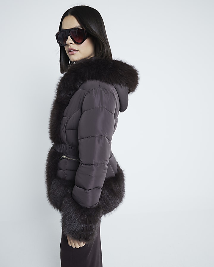 Brown Faux Fur Trim Padded Jacket