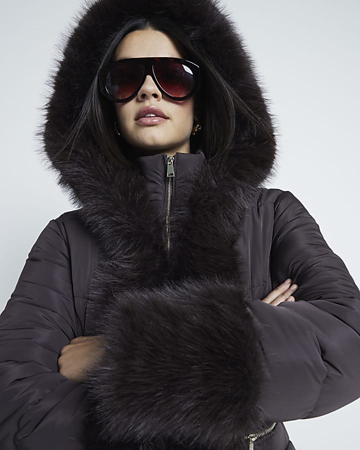 Brown Faux Fur Trim Padded Jacket