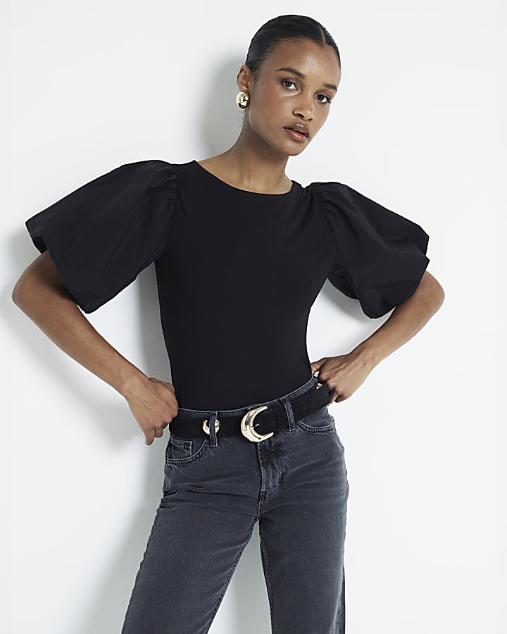 Black Puff Sleeve Bodysuit River Island