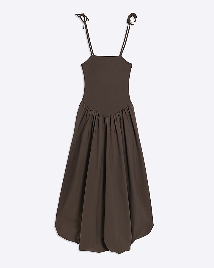 Brown bubble hem drop waist smock midi dress