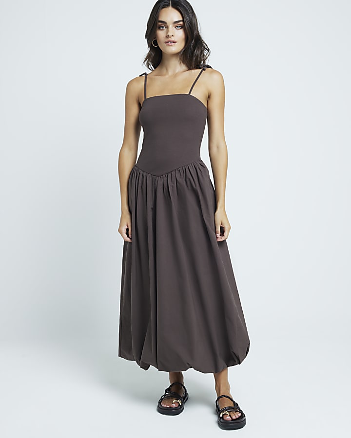 Brown bubble hem drop waist smock midi dress