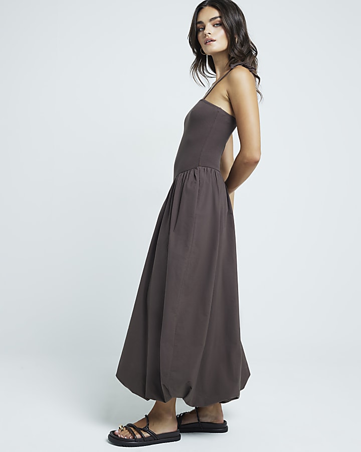 Brown bubble hem drop waist smock midi dress