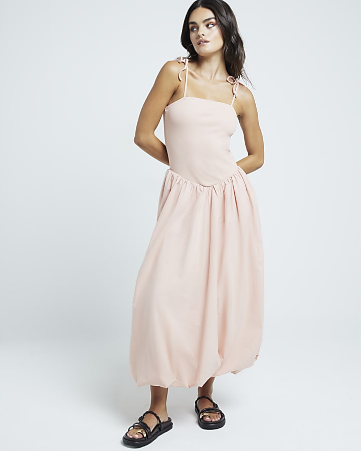 Pink bubble hem smock midi dress