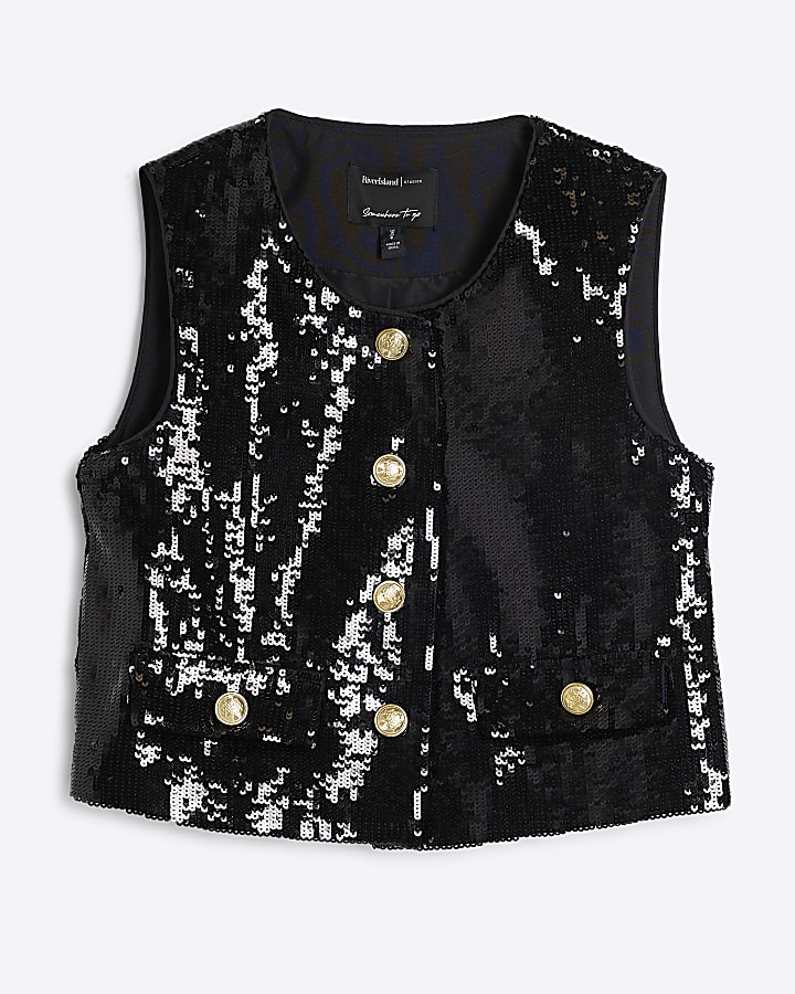 Black Sequin Collarless Button Waistcoat