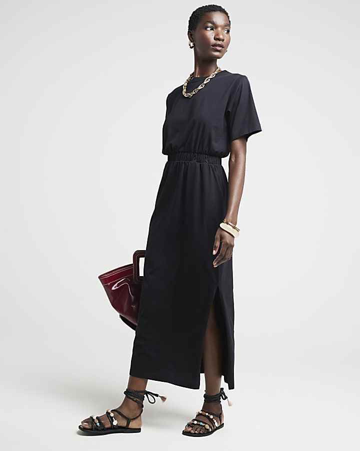 Black elasticated waist t shirt midi dress River Island