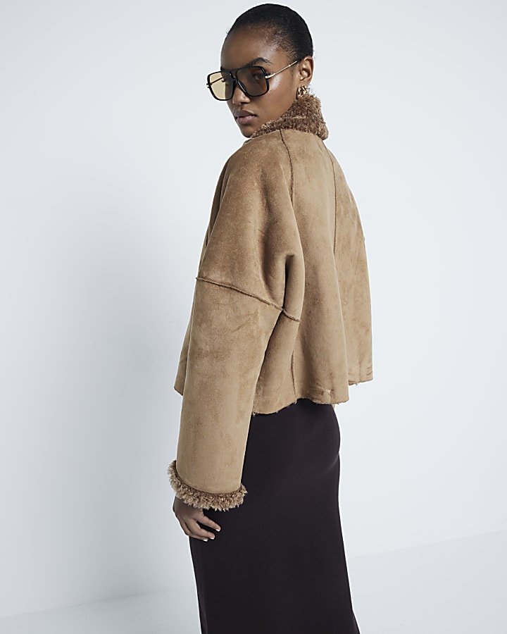 Brown Faux Shearling Trim Jacket