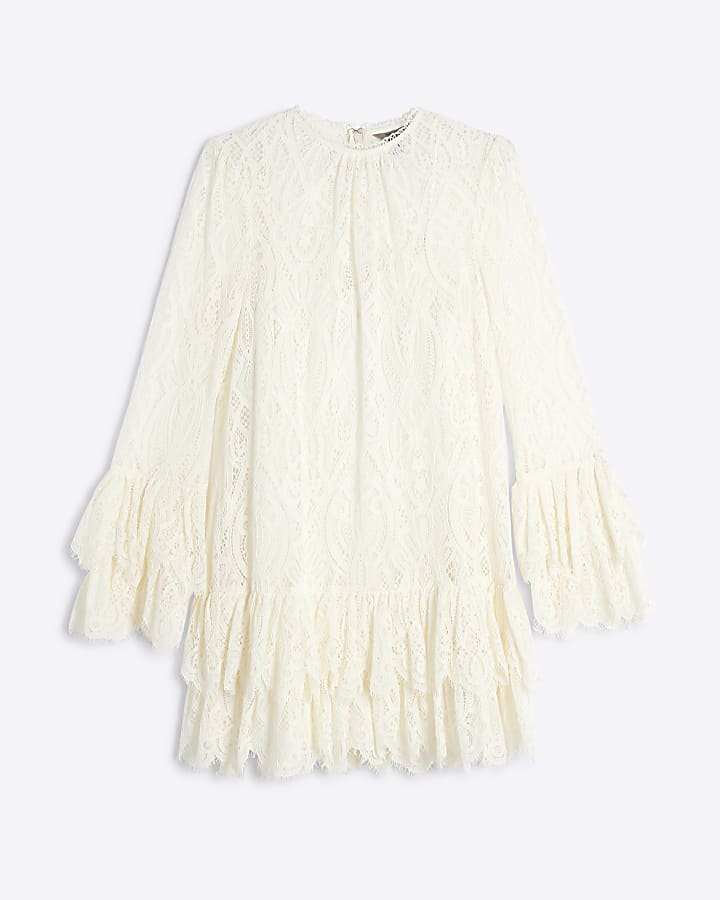 White Lace Tiered Shift Mini Dress